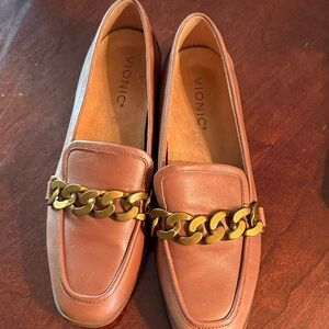 Vionic Women's Brown Loafers with Gold Chain Accent